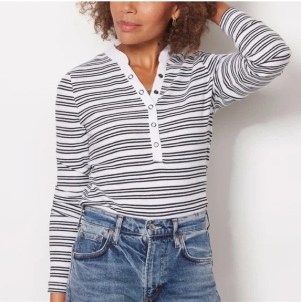 Evereve Black and White Striped Long Sleeve Henley Top